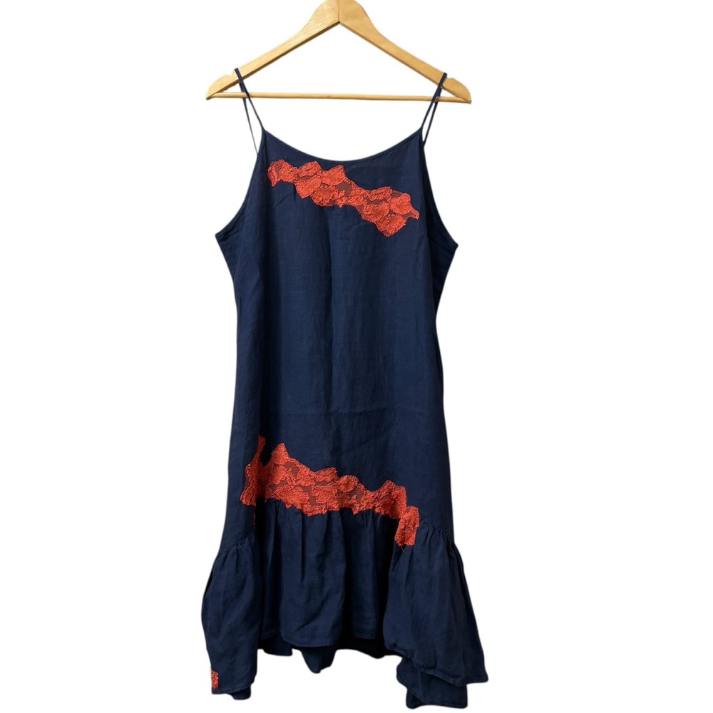 Bryan Walker Lagenlook Blue Linen Tank Slip Dress W Orange Lace Details Sz L/XL